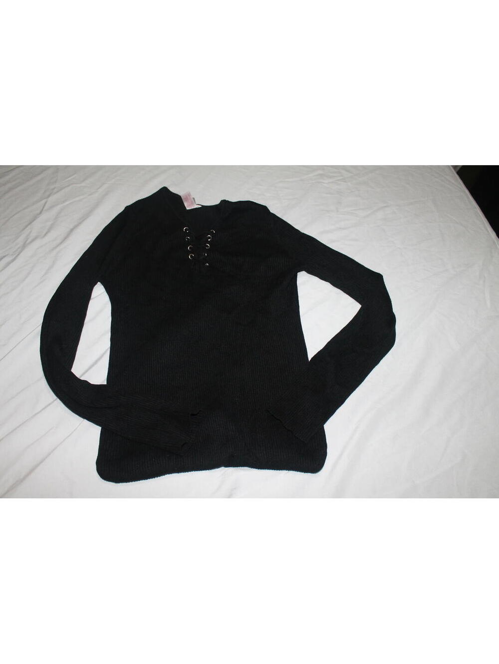 Black Lace-Up Ribbed Long Sleeve Sweater - XL